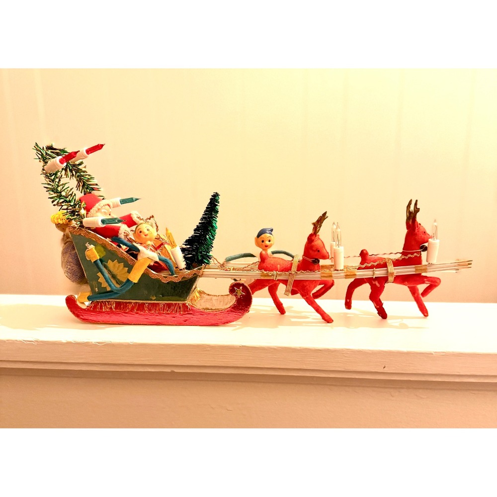 Vintage Mid Century Christmas Santa Sleigh Flocked Reindeer Lighted Display READ